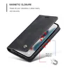 A black flip phone case for an iPhone 14 Pro Max is shown open, revealing the phone inside. Red arrows indicate the magnetic closure feature. Produktbild-Vorschau