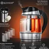 A cutaway view of a glass electric kettle showing water and tea steeping, with product features highlighted by text and graphics. Produktbild-Vorschau