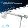 A close-up of a shower head connection with a hose, against a dark blue and white background with text and logos. Produktbild-Vorschau