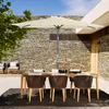 An outdoor dining set with a rectangular umbrella, table, and chairs, set against a stone wall. Produktbild-Vorschau