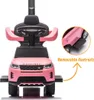 A pink ride-on toy car resembling a Land Rover Discovery, with a black steering wheel and seat, and removable footrests highlighted by an orange arrow and text. Anteprima dell’immagine prodotto