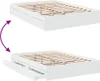 A white bed frame with wooden slats, shown in two states: closed and with drawers extended. Náhled obrázku produktu