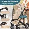 A person pushing a beige and black stroller with a baby inside, with various features highlighted by text overlays. Produktbild-Vorschau
