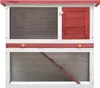 A two-tiered wooden hutch with wire mesh sides and a red roof and door. Produktbild-Vorschau
