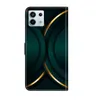A smartphone wallet case with a dark green and gold abstract design. Produktbild-Vorschau