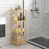 A bamboo shelving unit in a bathroom, filled with various toiletries and towels. Produktbild-Vorschau