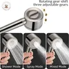 A collage showing a shower head with three different spray modes: Shower Mode, Spray Mode, and Mixed Mode. The top part of the image shows a close-up of the shower head with text describing its adjustable gears. Produktbild-Vorschau