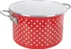 A red and white polka dot enamel pot with silver handles is shown against a white background. Produktbild-Vorschau
