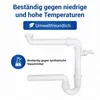 A white plastic drain pipe system with text overlays highlighting product features. Produktbild-Vorschau