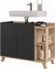 A bathroom vanity with a sink and faucet, featuring storage cabinets and open shelving. Anteprima dell’immagine prodotto