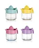 Four colorful citrus juicers with glass containers are displayed against a white background. Produktbild-Vorschau