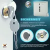 Marketing image showcasing a mailbox lock and keys, with text highlighting security features. Produktbild-Vorschau