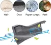 Diagram showing a filter capturing hair, dust, paper scraps, and peel, with airflow indicated by blue arrows. Produktbild-Vorschau