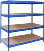 A blue metal shelving unit with wooden shelves against a white background. Produktbild-Vorschau