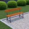 A wooden park bench with black metal legs sits on a bed of white gravel, bordered by concrete and grass with manicured bushes in the background. Produktbild-Vorschau