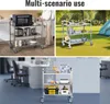 Collage of three different scenarios showing a stainless steel utility cart in use. Voir les images du produit
