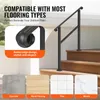 A black outdoor stair handrail is shown installed on wooden steps, with examples of compatible flooring types (concrete, wood, tiles, marble) displayed below. A close-up of the handrail's rolled edge design is also featured. Podgląd zdjęcia produktu