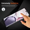 A hand is touching a smartphone screen, with text overlay highlighting its sensitivity. Produktbild-Vorschau