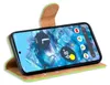 A flip case for a Google Pixel 8a phone is shown open, displaying the phone's screen with a wallpaper and widgets. Produktbild-Vorschau