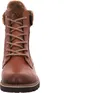 A close-up front view of a brown leather boot with fur lining and laces. Produktbild-Vorschau