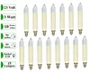 A collection of 15 candle-shaped light bulbs arranged in two rows on a white background, with descriptive text labels on the left side. Produktbild-Vorschau