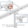 Close-up of a white metal bed frame assembly, showing how L-shaped plates are used to attach components with screws. Produktbild-Vorschau