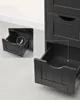 A black wooden bathroom cabinet with several drawers, one of which is open, and an inset image showing a closer view of a small drawer. Náhled obrázku produktu