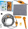 A product shot of a portable 12V car shower set, including the packaging and individual components. Náhled obrázku produktu