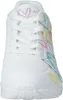 A close-up front view of a white Skechers sneaker with colorful abstract heart designs. Produktbild-Vorschau