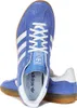 A pair of blue Adidas Gazelle Indoor sneakers with white stripes and laces, shown from a top-down perspective. Produktbild-Vorschau