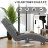 A grey chaise lounge chair is shown in a modern living room setting, with a large plant and artwork in the background. Text overlays highlight the chair's versatility. Produktbild-Vorschau