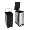 A stainless steel trash can with its lid open and a black inner bin next to it, both on a white background. Produktbild-Vorschau