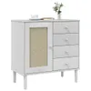 A white sideboard with a rattan-look door and four drawers, placed on a white background. Podgląd zdjęcia produktu