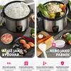 A split image showing a rice cooker filled with rice on the left and the same rice cooker filled with vegetables on the right, accompanied by descriptive text and icons. Náhled obrázku produktu