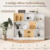 A white multi-compartment shelving unit filled with decorative items and books, with text overlays and icons at the bottom. Náhľad obrázku produktu