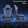 A gaming chair is shown from the front and side with dimensions and weight capacity indicated. Produktbild-Vorschau
