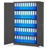 A gray metal filing cabinet with its doors open, revealing multiple shelves filled with blue binders. Podgląd zdjęcia produktu