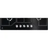A product shot of a black gas hob with silver control knobs. Voir les images du produit