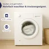 A washing machine with a folded blanket inside, next to a laundry basket. Text overlays describe product features. Produktbild-Vorschau