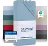 A stack of folded fitted sheets in various colors, with a prominent light blue fitted sheet in the foreground. There are certification logos and brand text visible. Náhled obrázku produktu