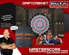 A promotional image for a BULL'S Master Score RB Sound Electronic Dartboard Cabinet, featuring the product, a dartboard, and several dart players. Produktbild-Vorschau
