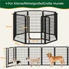 A diagram showing the dimensions of a dog playpen, with a smaller diagram below showing the playpen with three dogs of different sizes. Produktbild-Vorschau