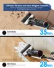 Two split images showing a wet/dry vacuum cleaner in action on a wooden floor, with text overlays describing features and runtimes. Produktbild-Vorschau