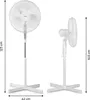 Collage of two white stand fans, one shown front-on and the other in profile, with dimension lines and measurements indicated. Produktbild-Vorschau