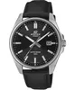 A close-up studio shot of a black and silver Casio Edifice watch with a black leather strap, presented against a white background. Voir les images du produit
