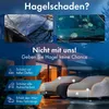 Marketing image showing a car cover protecting cars from hail damage, with text highlighting product benefits. Produktbild-Vorschau