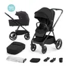 A black Kinderkraft NEA 2-in-1 stroller with its bassinet and various accessories displayed against a white background. Produktbild-Vorschau
