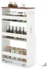 A white kitchen cart with four shelves filled with jars of spices and other food items. The cart has a wooden top and a power strip with outlets on the side. Podgląd zdjęcia produktu