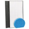 Three air filters are displayed against a white background. One filter is black and honeycomb-shaped, a second is white and pleated, and a third is a small, blue, folded filter. Anteprima dell’immagine prodotto