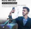 A man in a suit taking a selfie with a Bluetooth headset on, with a graphic representation of sound waves in the background. Produktbild-Vorschau